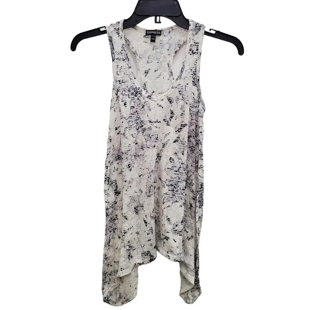 Express Women's White Gray Spacedye Marble Semi Sheer Burnout Sharkbite Tank XXS